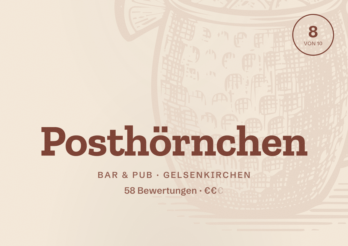 Illustriertes Poster von Posthörnchen, Bar & Pub in Gelsenkirchen: Bewertung 8 von 10 aus 58 Bewertungen, Preisniveau €€