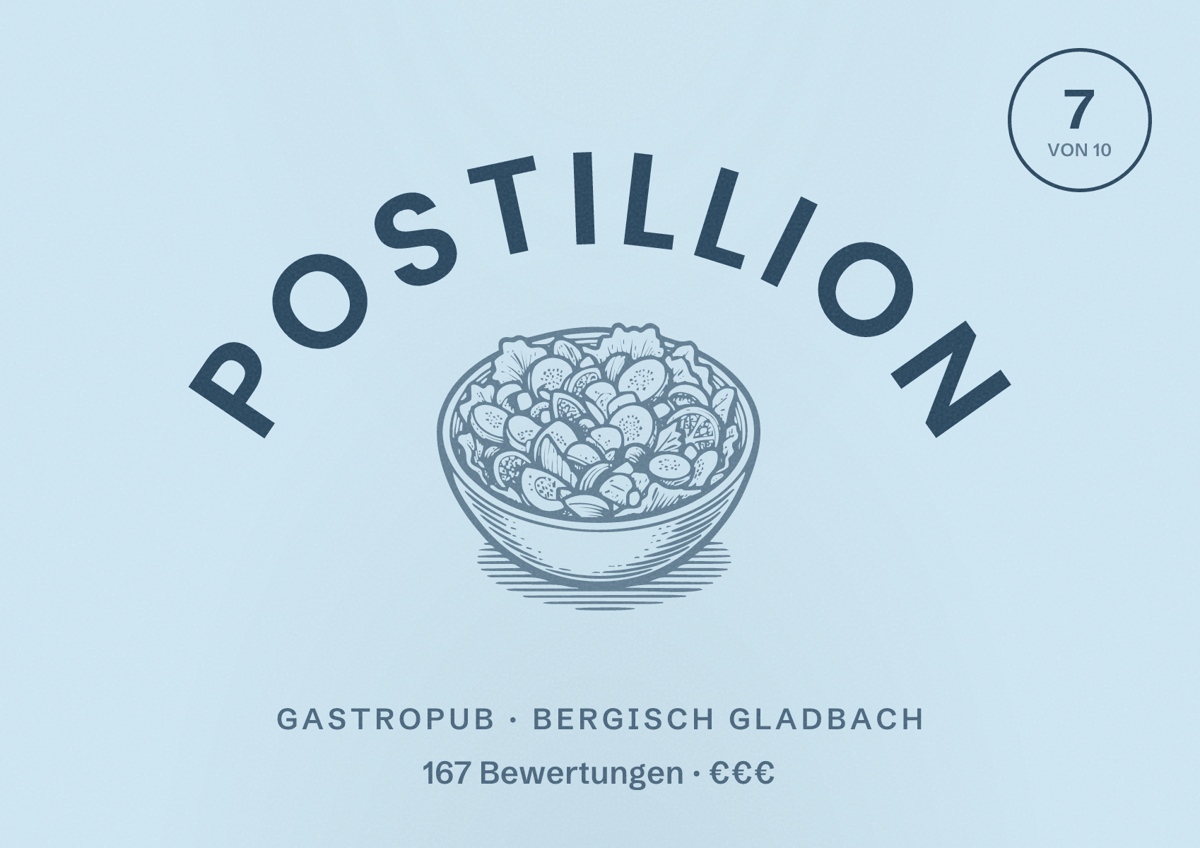Illustriertes Poster von Postillion, Gastropub in Bergisch Gladbach: Bewertung 7 von 10 aus 167 Bewertungen, Preisniveau €€€