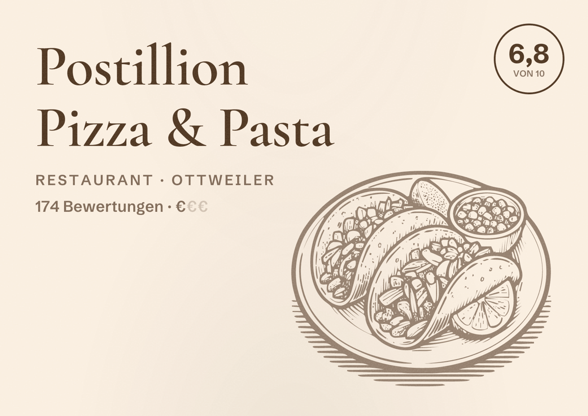 Illustriertes Poster von Postillion Pizza & Pasta, Restaurant in Ottweiler: Bewertung 6,8 von 10 aus 174 Bewertungen, Preisniveau €
