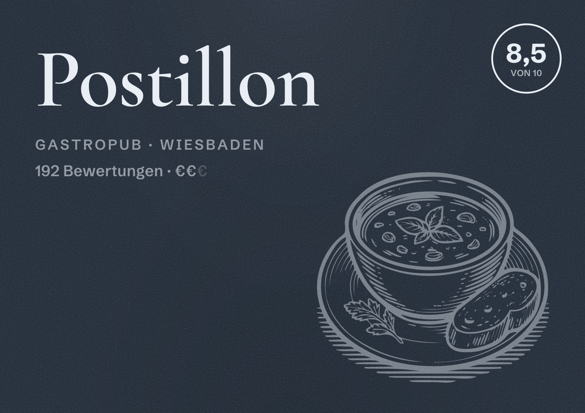 Illustriertes Poster von Postillon, Gastropub in Wiesbaden: Bewertung 8,5 von 10 aus 192 Bewertungen, Preisniveau €€