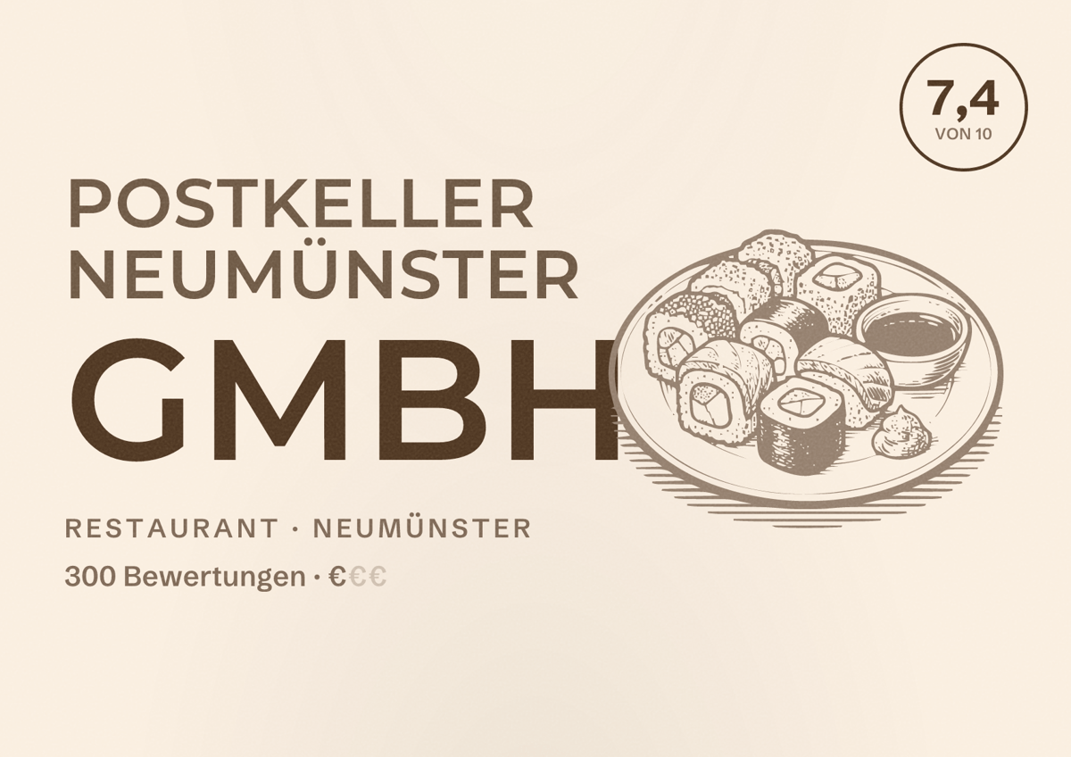 Illustriertes Poster von Postkeller Neumünster GmbH, Restaurant in Neumünster: Bewertung 7,4 von 10 aus 300 Bewertungen, Preisniveau €
