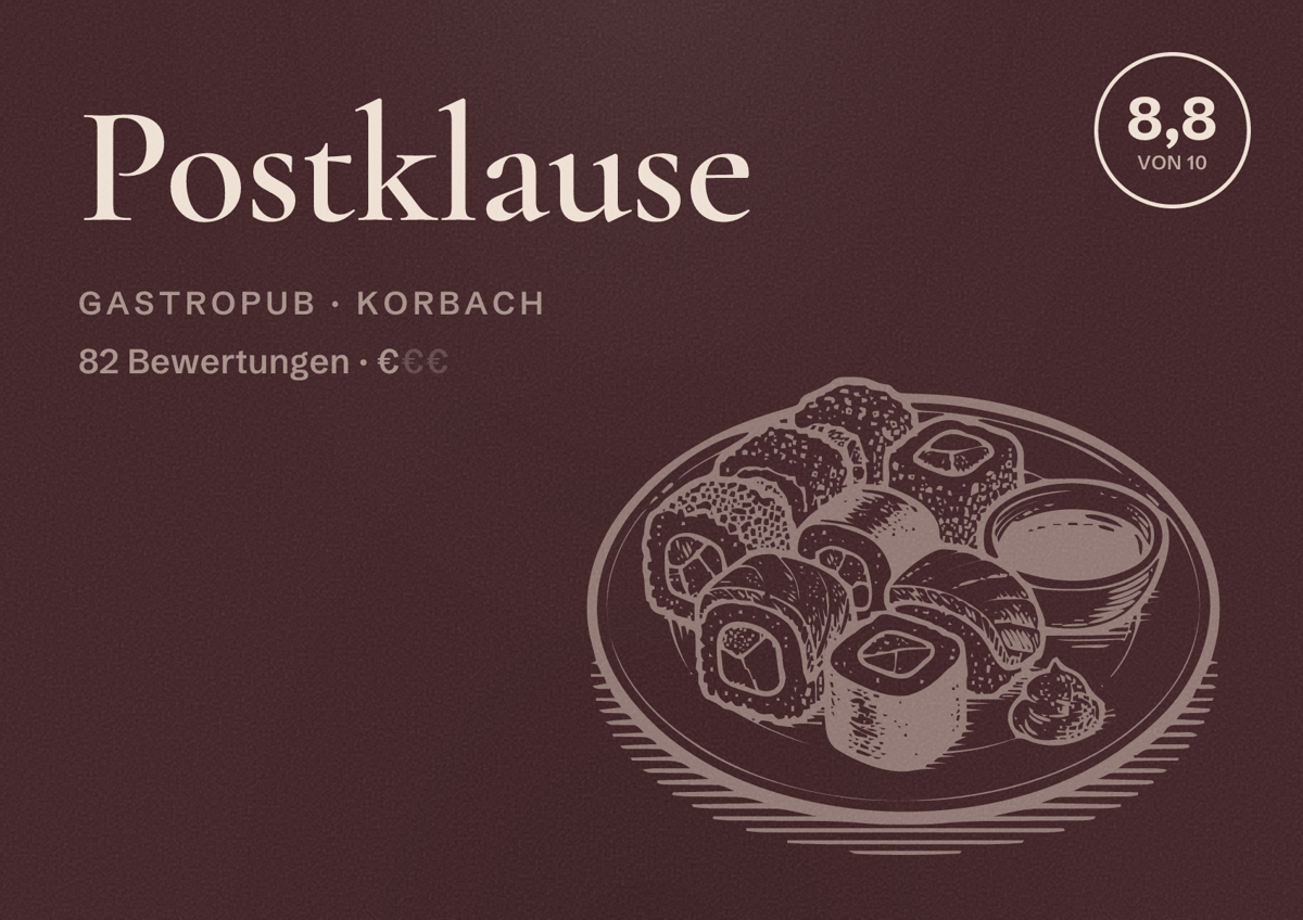Illustriertes Poster von Postklause, Gastropub in Korbach: Bewertung 8,8 von 10 aus 82 Bewertungen, Preisniveau €