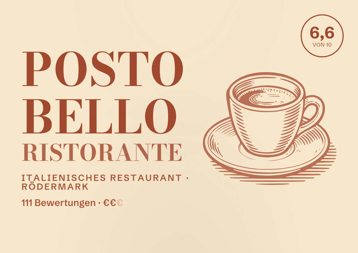 Illustriertes Poster von Posto Bello Ristorante, Italienisches Restaurant in Rödermark: Bewertung 6,6 von 10 aus 111 Bewertungen, Preisniveau €€