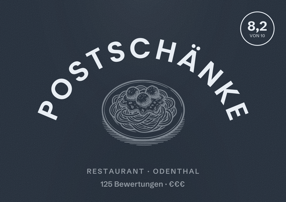 Illustriertes Poster von Postschänke, Restaurant in Odenthal: Bewertung 8,2 von 10 aus 125 Bewertungen, Preisniveau €€€