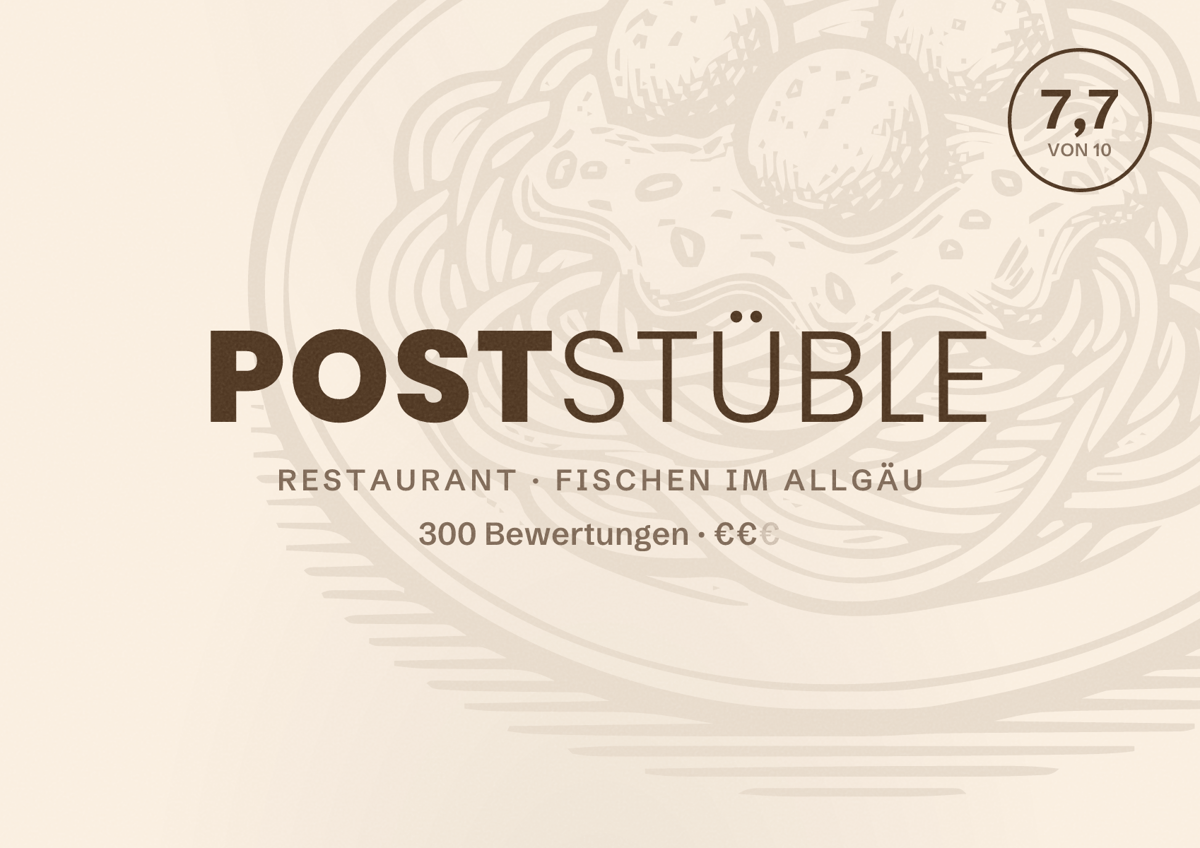 Illustriertes Poster von Poststüble, Restaurant in Fischen im Allgäu: Bewertung 7,7 von 10 aus 300 Bewertungen, Preisniveau €€