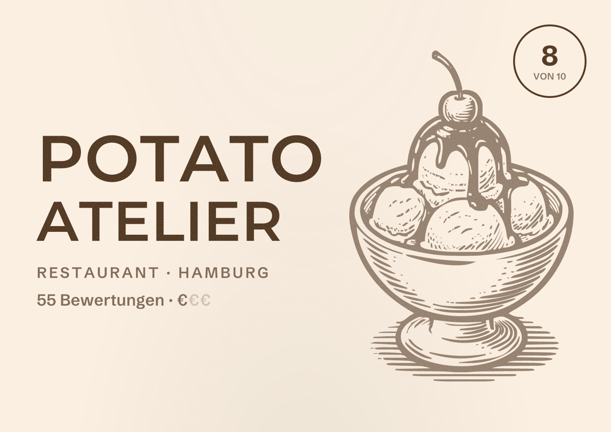 Illustriertes Poster von Potato Atelier, Restaurant in Hamburg: Bewertung 8,0 von 10 aus 55 Bewertungen, Preisniveau €