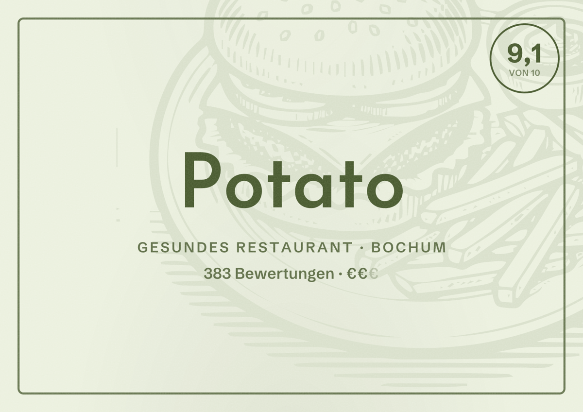 Illustriertes Poster von Potato, Gesundes Restaurant in Bochum: Bewertung 9,1 von 10 aus 383 Bewertungen, Preisniveau €€