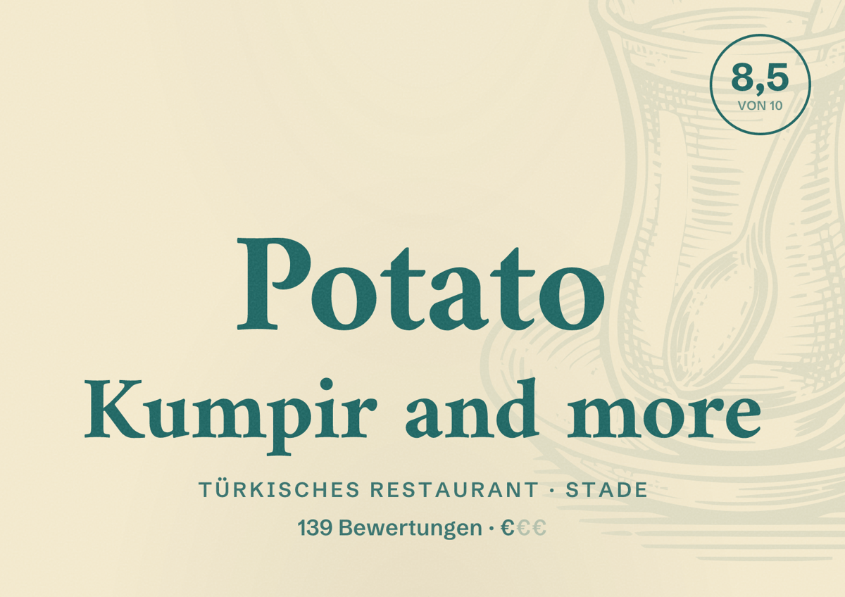 Illustriertes Poster von Potato Kumpir and more, Türkisches Restaurant in Stade: Bewertung 8,5 von 10 aus 139 Bewertungen, Preisniveau €