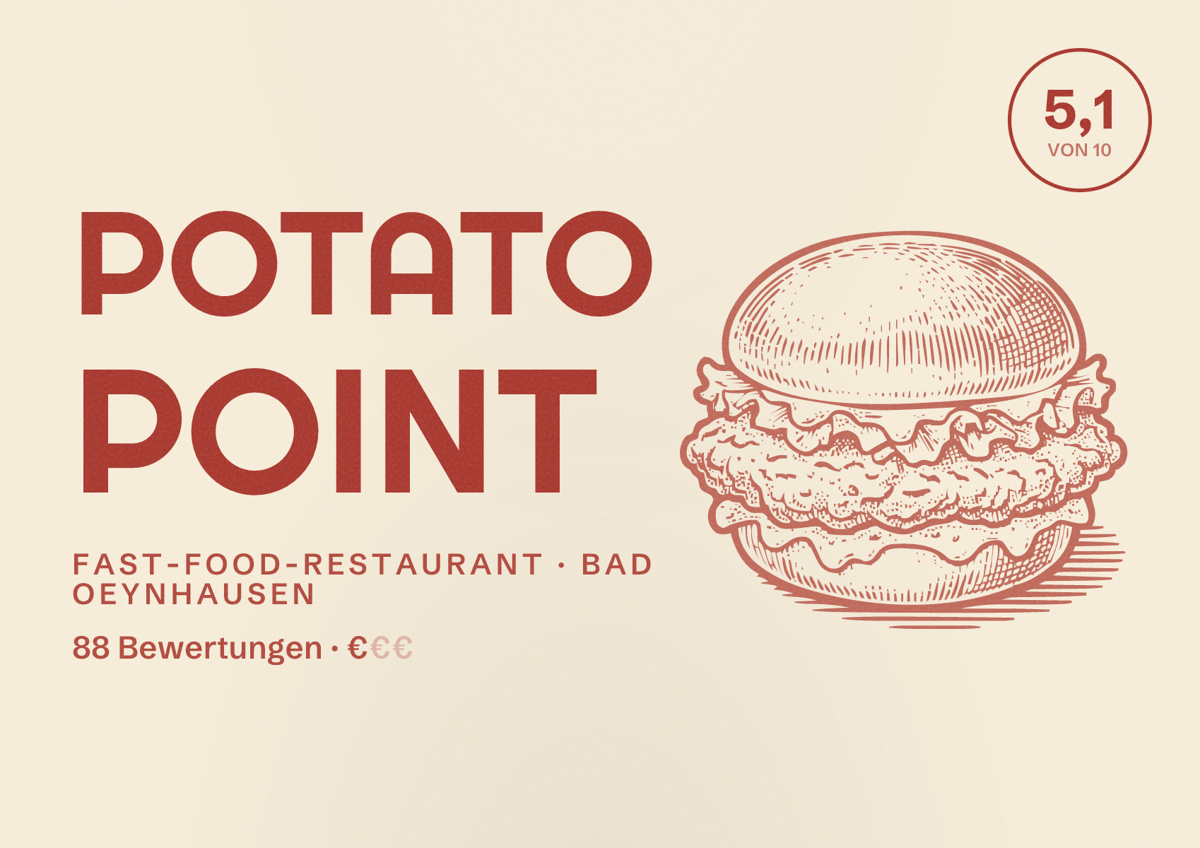 Illustriertes Poster von Potato Point, Fast-Food-Restaurant in Bad Oeynhausen: Bewertung 5,1 von 10 aus 88 Bewertungen, Preisniveau €