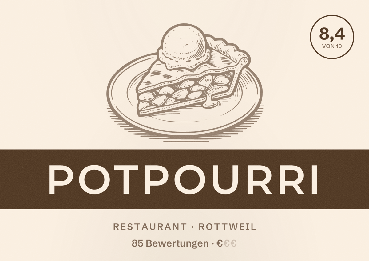 Illustriertes Poster von Potpourri, Restaurant in Rottweil: Bewertung 8,4 von 10 aus 85 Bewertungen, Preisniveau €