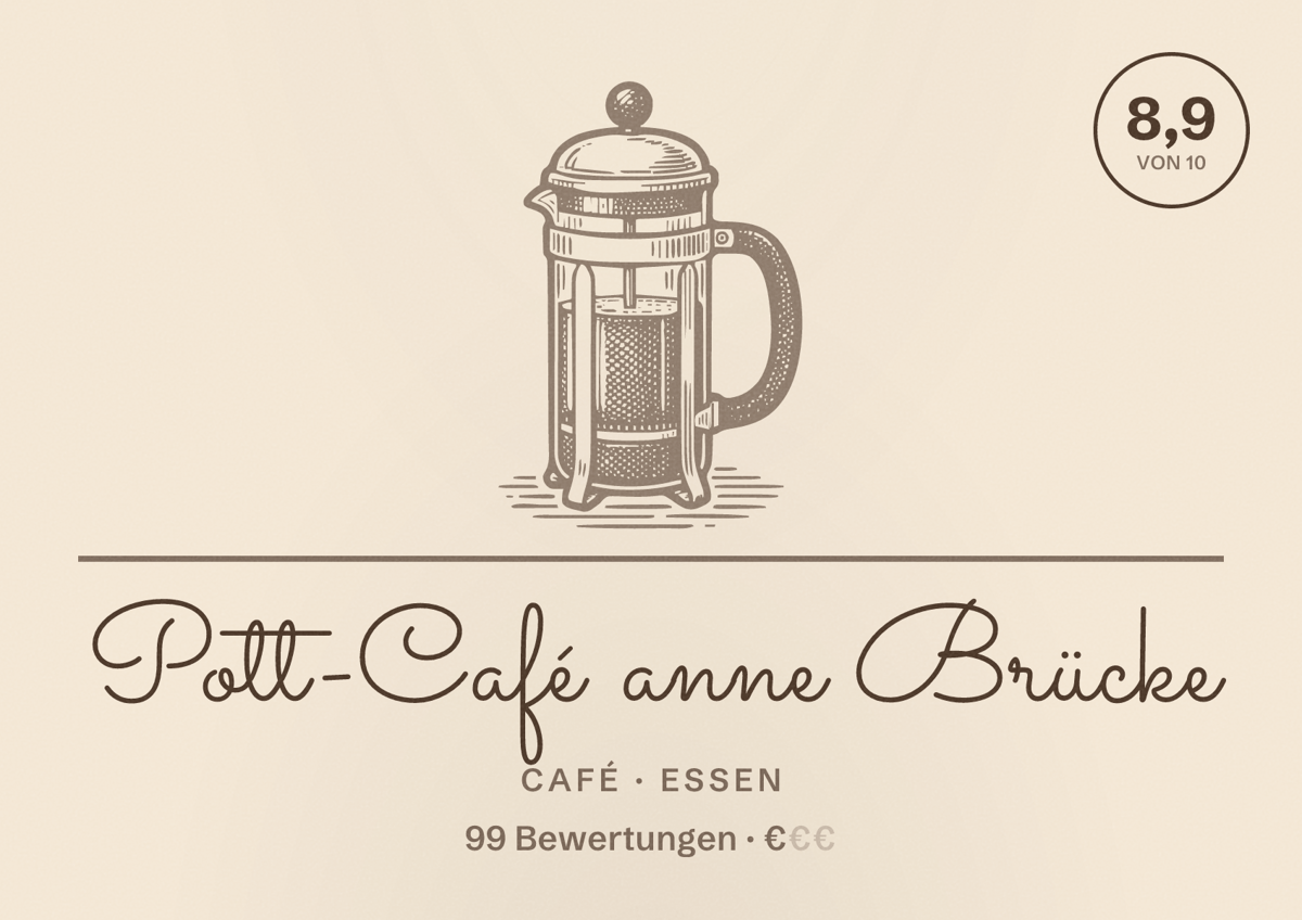 Illustriertes Poster von Pott-Café anne Brücke, Café in Essen: Bewertung 8,9 von 10 aus 99 Bewertungen, Preisniveau €