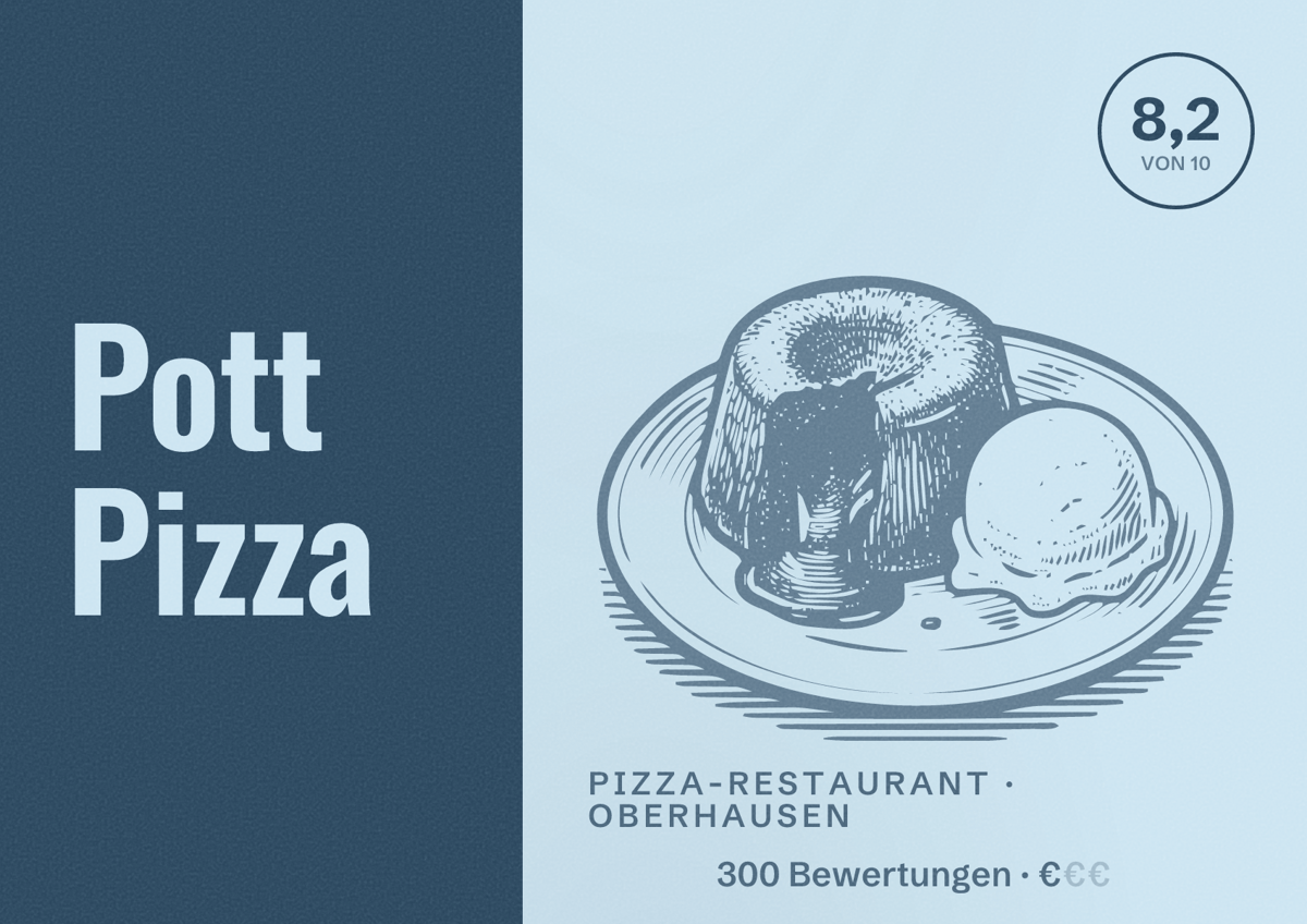 Illustriertes Poster von Pott Pizza, Pizza-Restaurant in Oberhausen: Bewertung 8,2 von 10 aus 300 Bewertungen, Preisniveau €