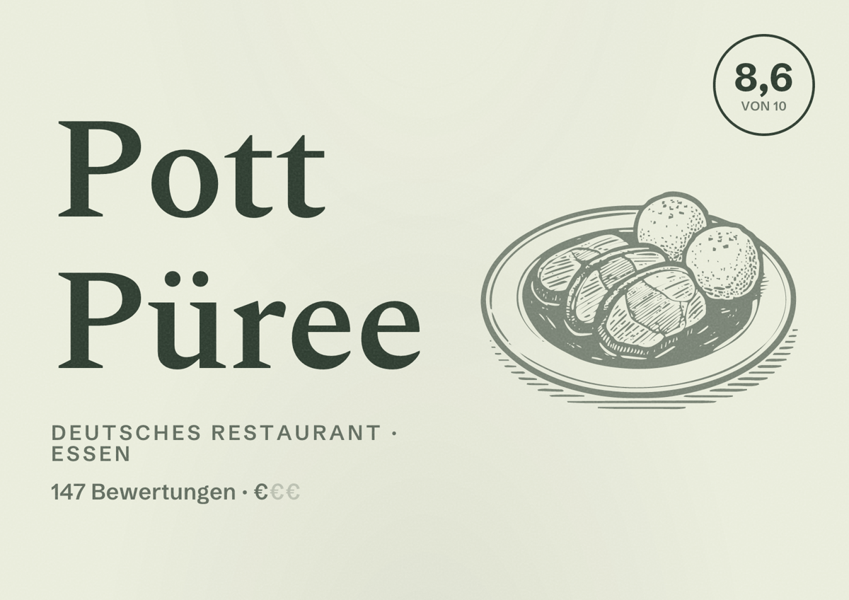 Illustriertes Poster von Pott Püree, Deutsches Restaurant in Essen: Bewertung 8,6 von 10 aus 147 Bewertungen, Preisniveau €