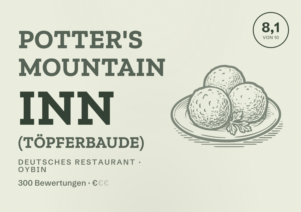 Illustriertes Poster von Potter's Mountain Inn (Töpferbaude), Deutsches Restaurant in Oybin: Bewertung 8,1 von 10 aus 300 Bewertungen, Preisniveau €
