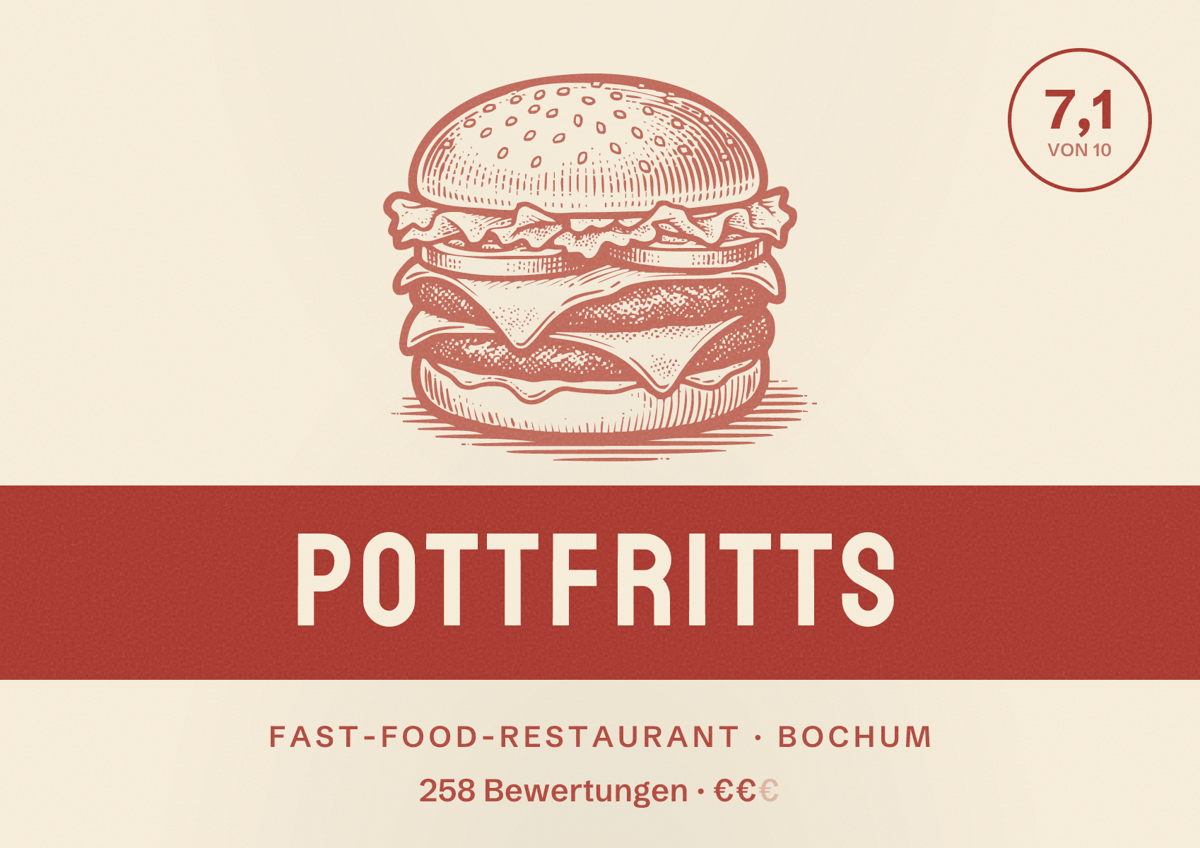 Illustriertes Poster von Pottfritts, Fast-Food-Restaurant in Bochum: Bewertung 7,1 von 10 aus 258 Bewertungen, Preisniveau €€