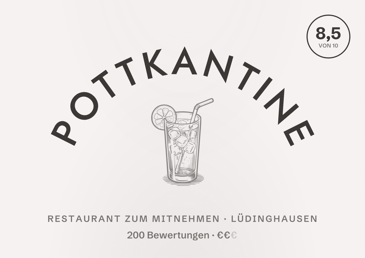 Illustriertes Poster von POTTkantine, Restaurant zum Mitnehmen in Lüdinghausen: Bewertung 8,5 von 10 aus 200 Bewertungen, Preisniveau €€