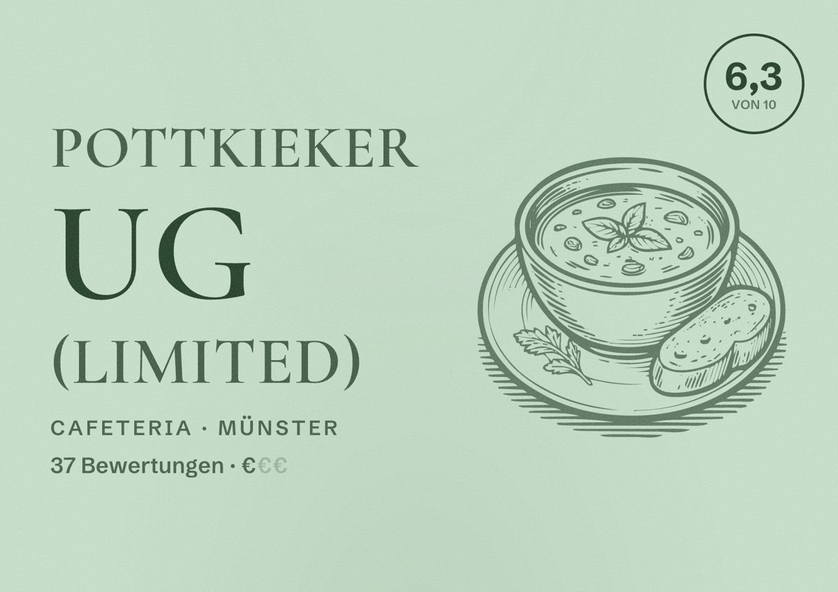 Illustriertes Poster von Pottkieker UG (limited), Cafeteria in Münster: Bewertung 6,3 von 10 aus 37 Bewertungen, Preisniveau €