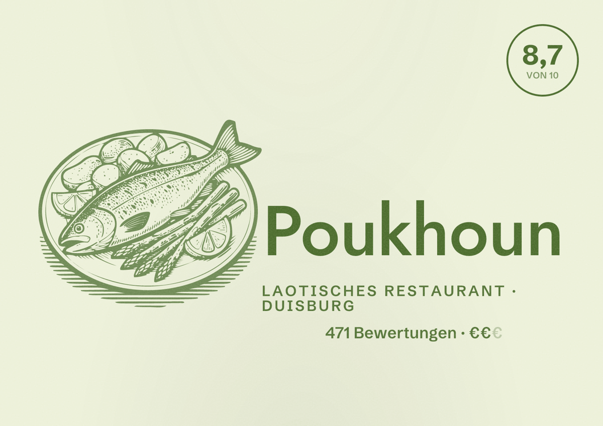 Illustriertes Poster von Poukhoun, Laotisches Restaurant in Duisburg: Bewertung 8,7 von 10 aus 471 Bewertungen, Preisniveau €€