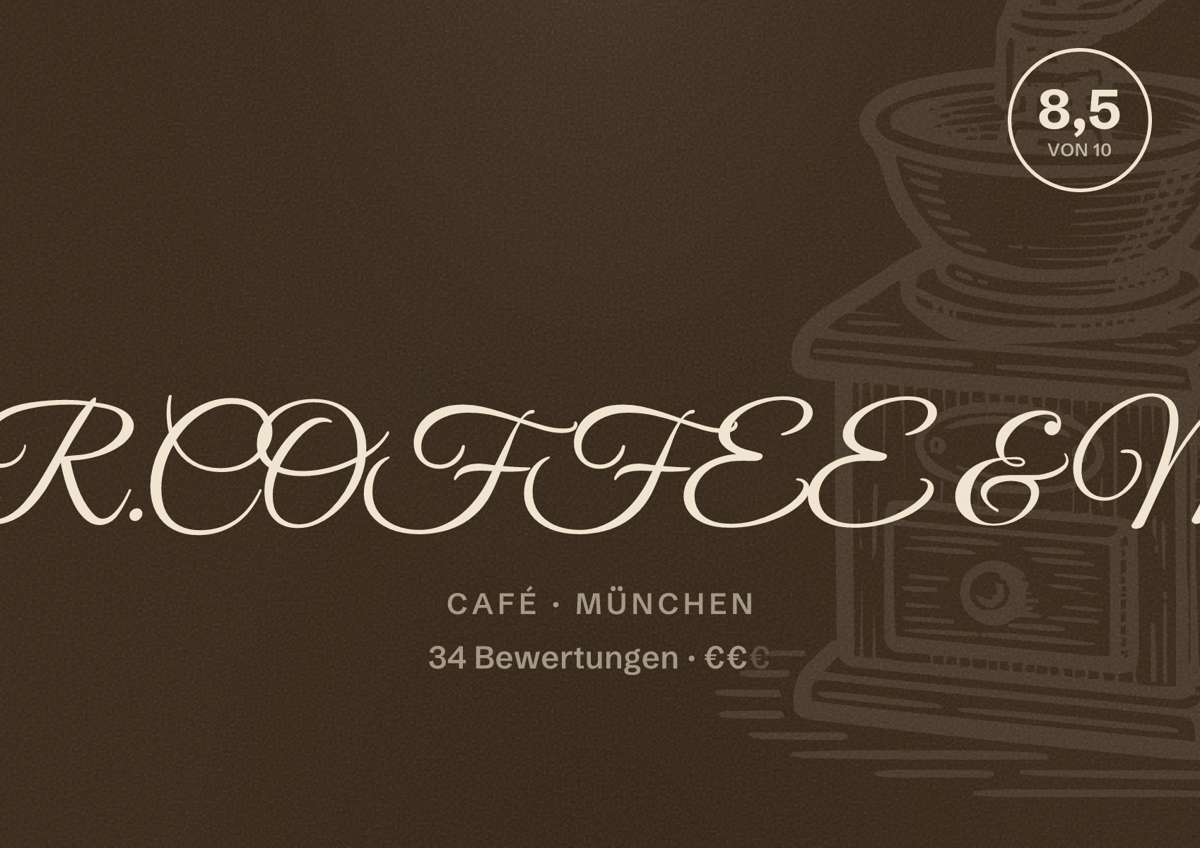 Illustriertes Poster von POUR. COFFEE & MORE, Café in München: Bewertung 8,5 von 10 aus 34 Bewertungen, Preisniveau €€