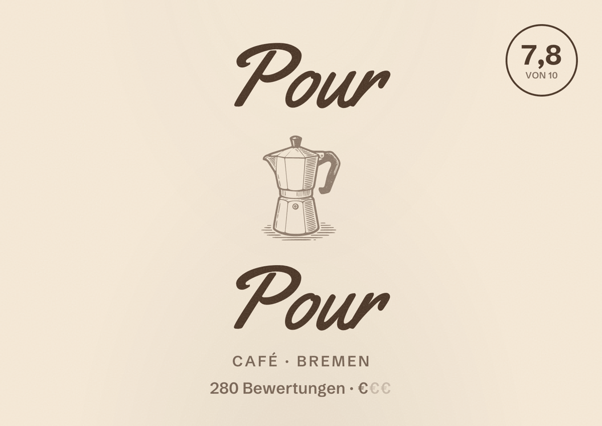 Illustriertes Poster von Pour Pour, Café in Bremen: Bewertung 7,8 von 10 aus 280 Bewertungen, Preisniveau €
