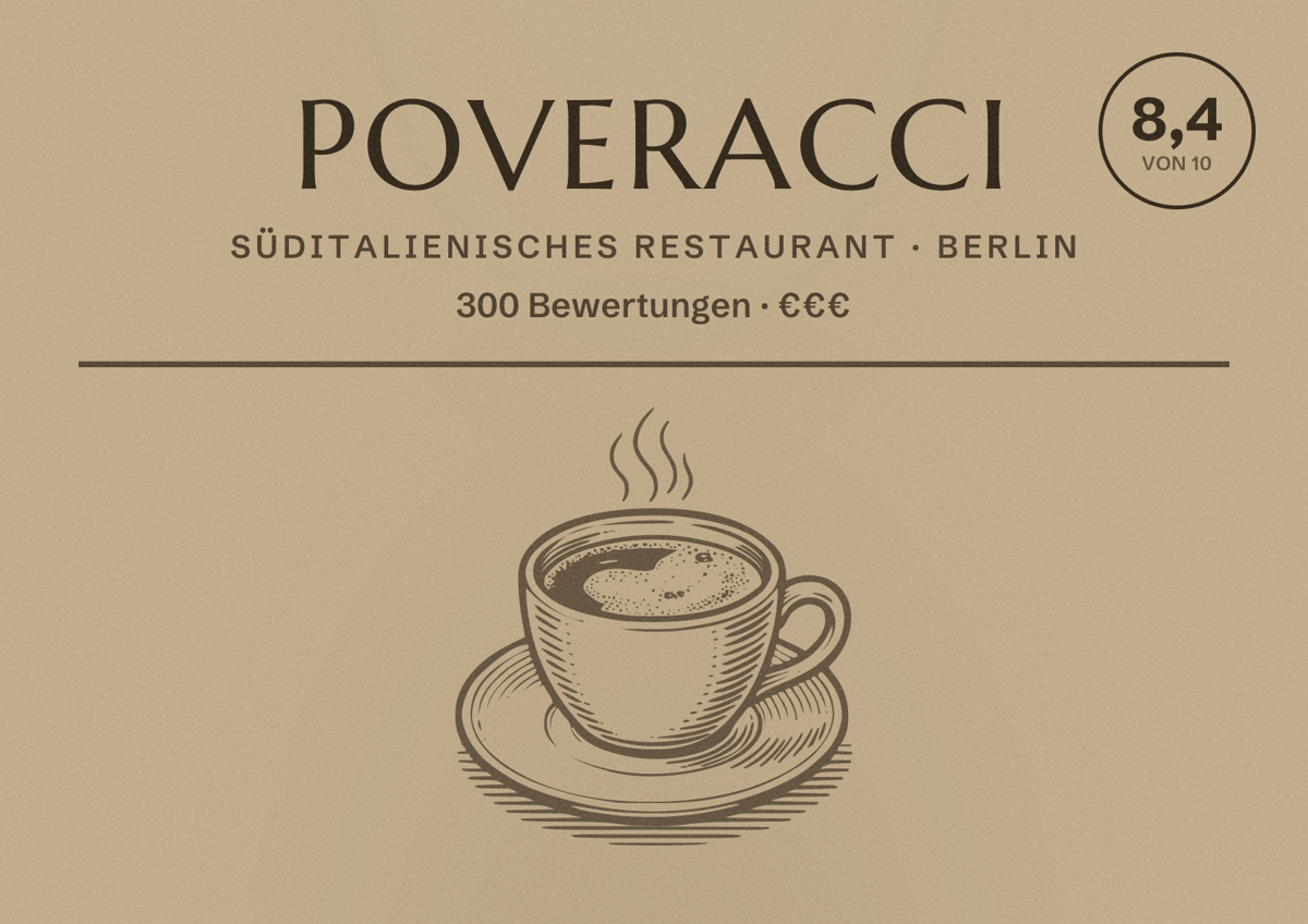 Illustriertes Poster von Poveracci, Süditalienisches Restaurant in Berlin: Bewertung 8,4 von 10 aus 300 Bewertungen, Preisniveau €€€