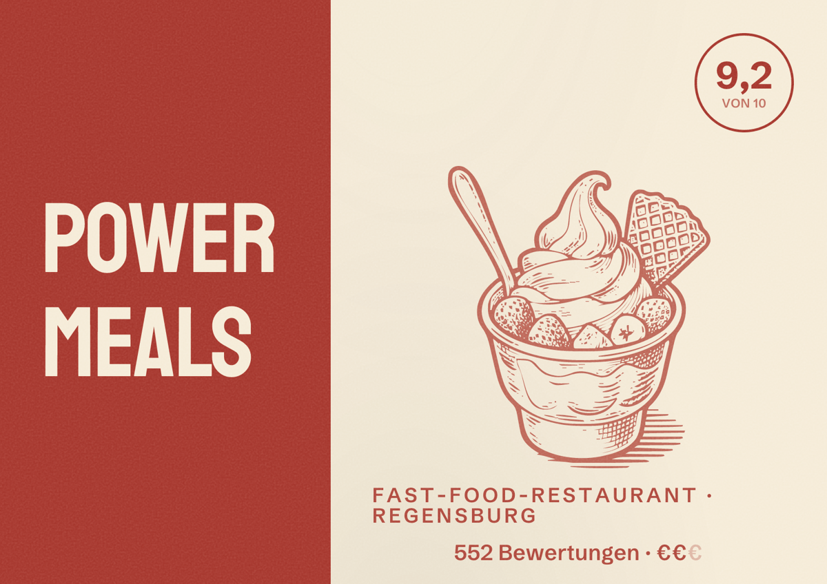 Illustriertes Poster von POWER MEALS, Fast-Food-Restaurant in Regensburg: Bewertung 9,2 von 10 aus 552 Bewertungen, Preisniveau €€