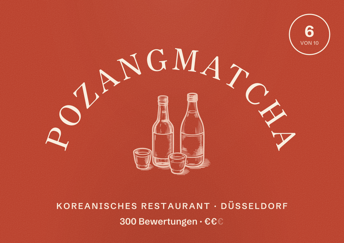 Illustriertes Poster von POZANGMATCHA, Koreanisches Restaurant in Düsseldorf: Bewertung 6,0 von 10 aus 300 Bewertungen, Preisniveau €€