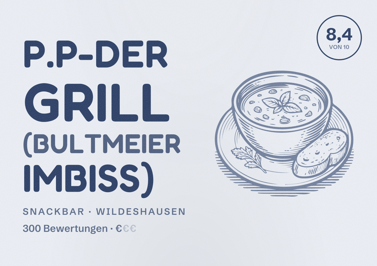 Illustriertes Poster von P.P-Der Grill (Bultmeier Imbiss), Snackbar in Wildeshausen: Bewertung 8,4 von 10 aus 300 Bewertungen, Preisniveau €