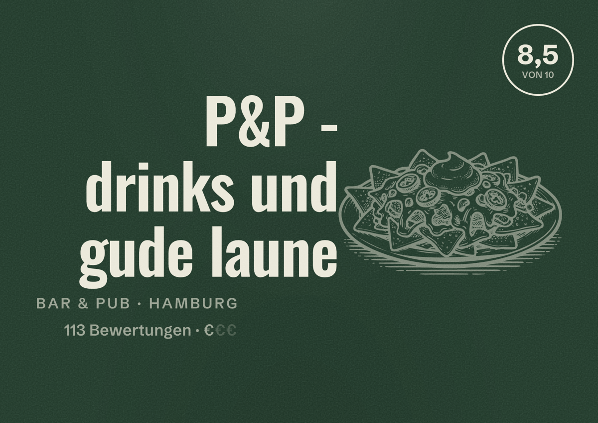 Illustriertes Poster von P&P - drinks und gude laune, Bar & Pub in Hamburg: Bewertung 8,5 von 10 aus 113 Bewertungen, Preisniveau €