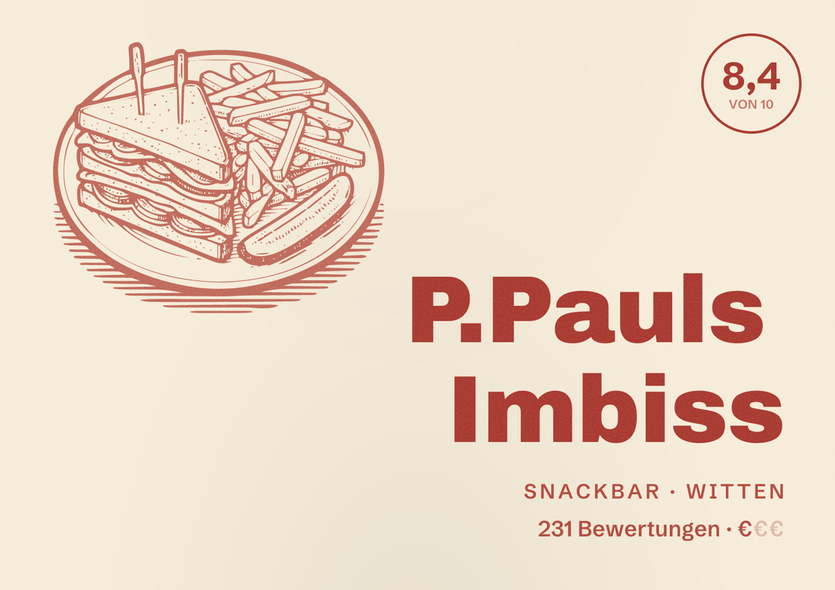 Illustriertes Poster von P.Pauls Imbiss, Snackbar in Witten: Bewertung 8,4 von 10 aus 231 Bewertungen, Preisniveau €