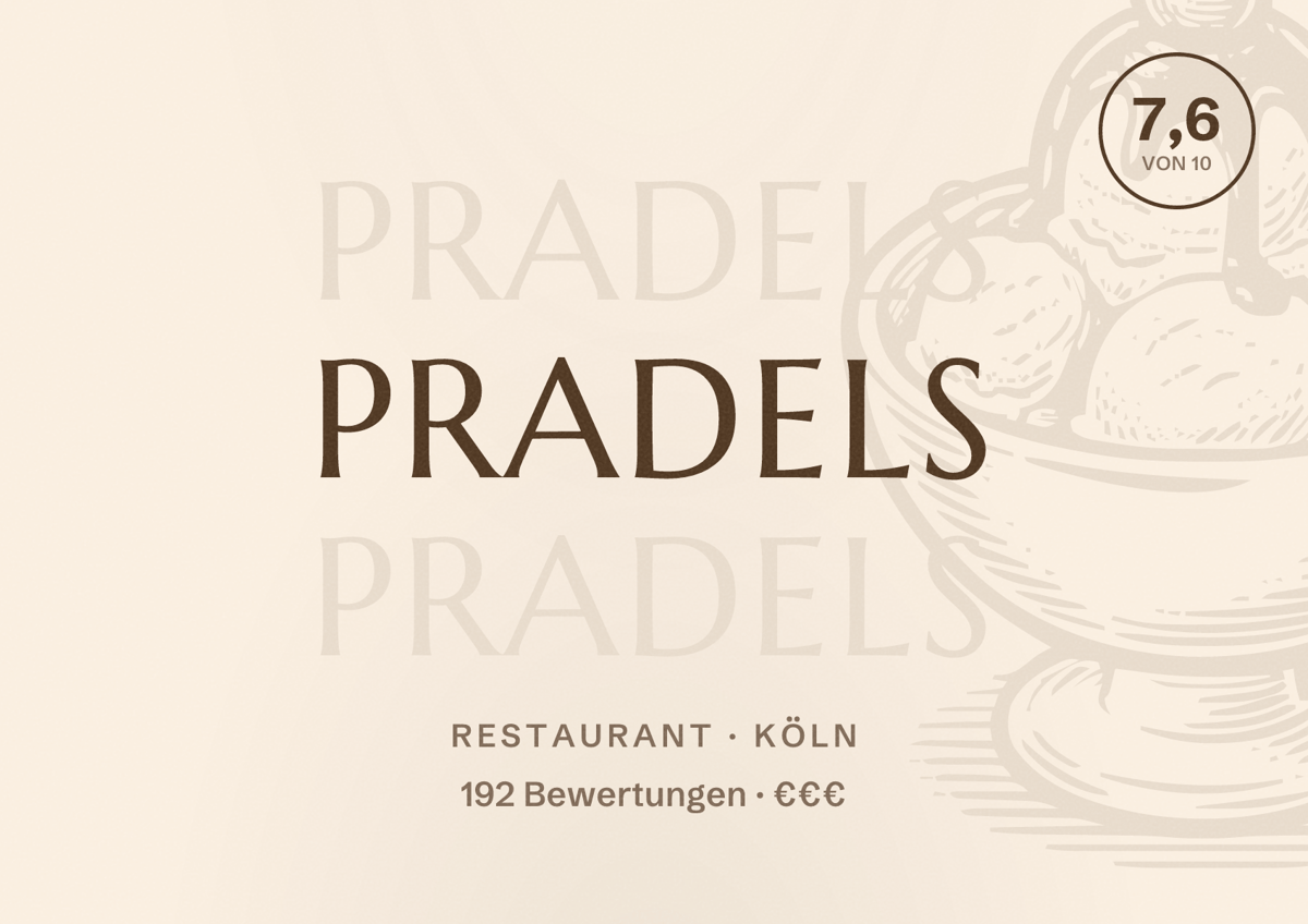 Illustriertes Poster von Pradels, Restaurant in Köln: Bewertung 7,6 von 10 aus 192 Bewertungen, Preisniveau €€€
