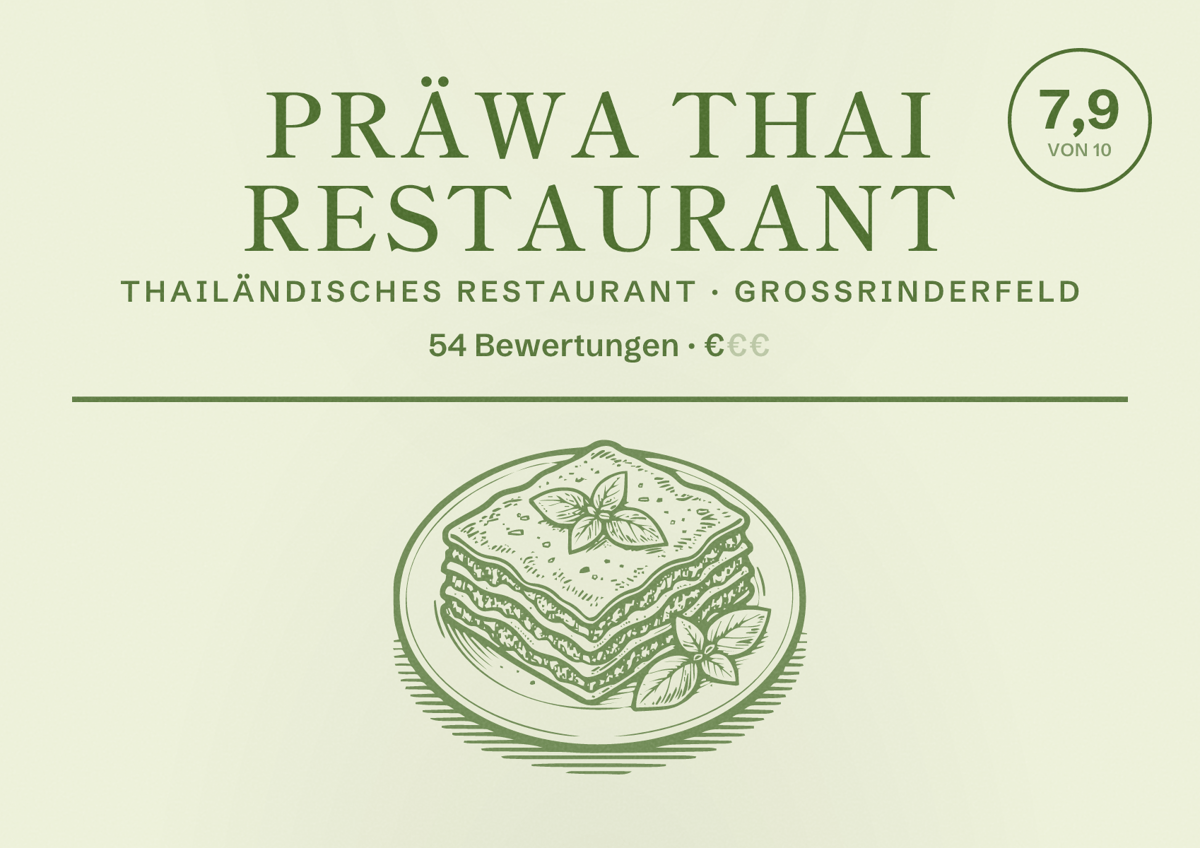 Illustriertes Poster von Präwa Thai Restaurant, Thailändisches Restaurant in Großrinderfeld: Bewertung 7,9 von 10 aus 54 Bewertungen, Preisniveau €