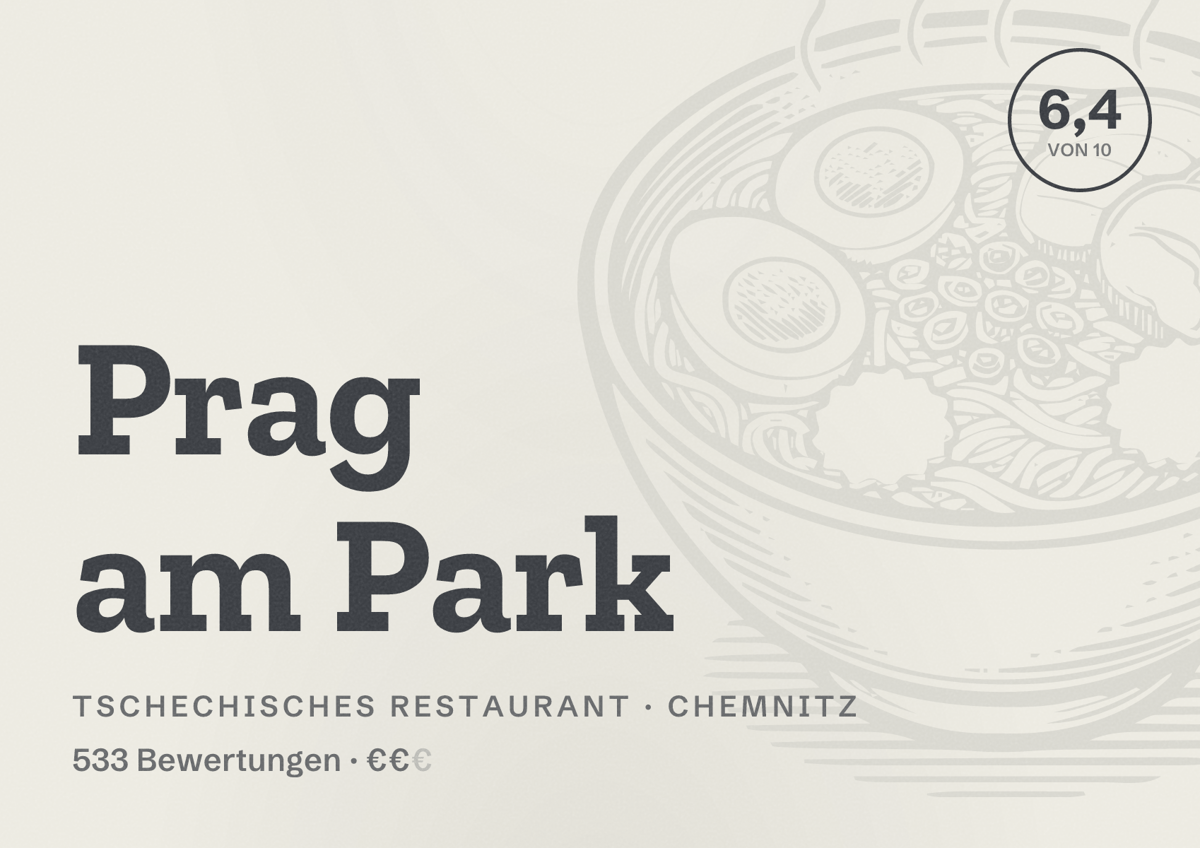 Illustriertes Poster von Prag am Park, Tschechisches Restaurant in Chemnitz: Bewertung 6,4 von 10 aus 533 Bewertungen, Preisniveau €€
