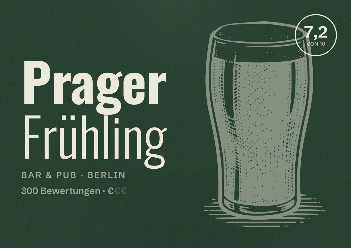 Illustriertes Poster von Prager Frühling, Bar & Pub in Berlin: Bewertung 7,2 von 10 aus 300 Bewertungen, Preisniveau €