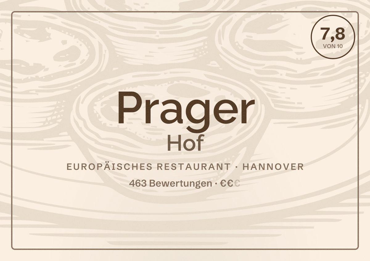 Illustriertes Poster von Prager Hof, Europäisches Restaurant in Hannover: Bewertung 7,8 von 10 aus 463 Bewertungen, Preisniveau €€