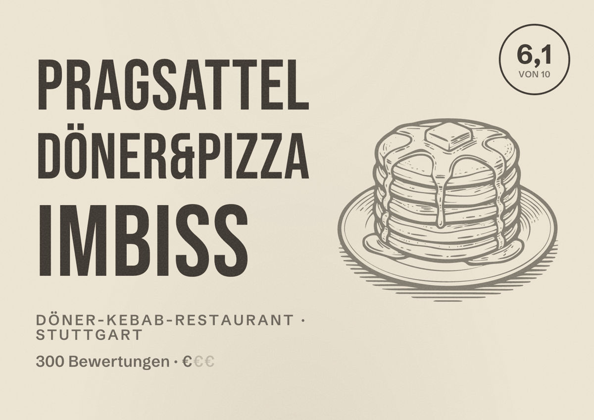 Illustriertes Poster von Pragsattel Döner&Pizza Imbiss, Döner-Kebab-Restaurant in Stuttgart: Bewertung 6,1 von 10 aus 300 Bewertungen, Preisniveau €