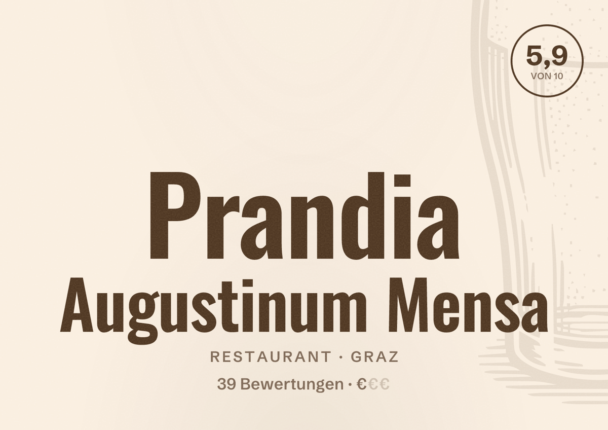 Illustriertes Poster von Prandia Augustinum Mensa, Restaurant in Graz: Bewertung 5,9 von 10 aus 39 Bewertungen, Preisniveau €