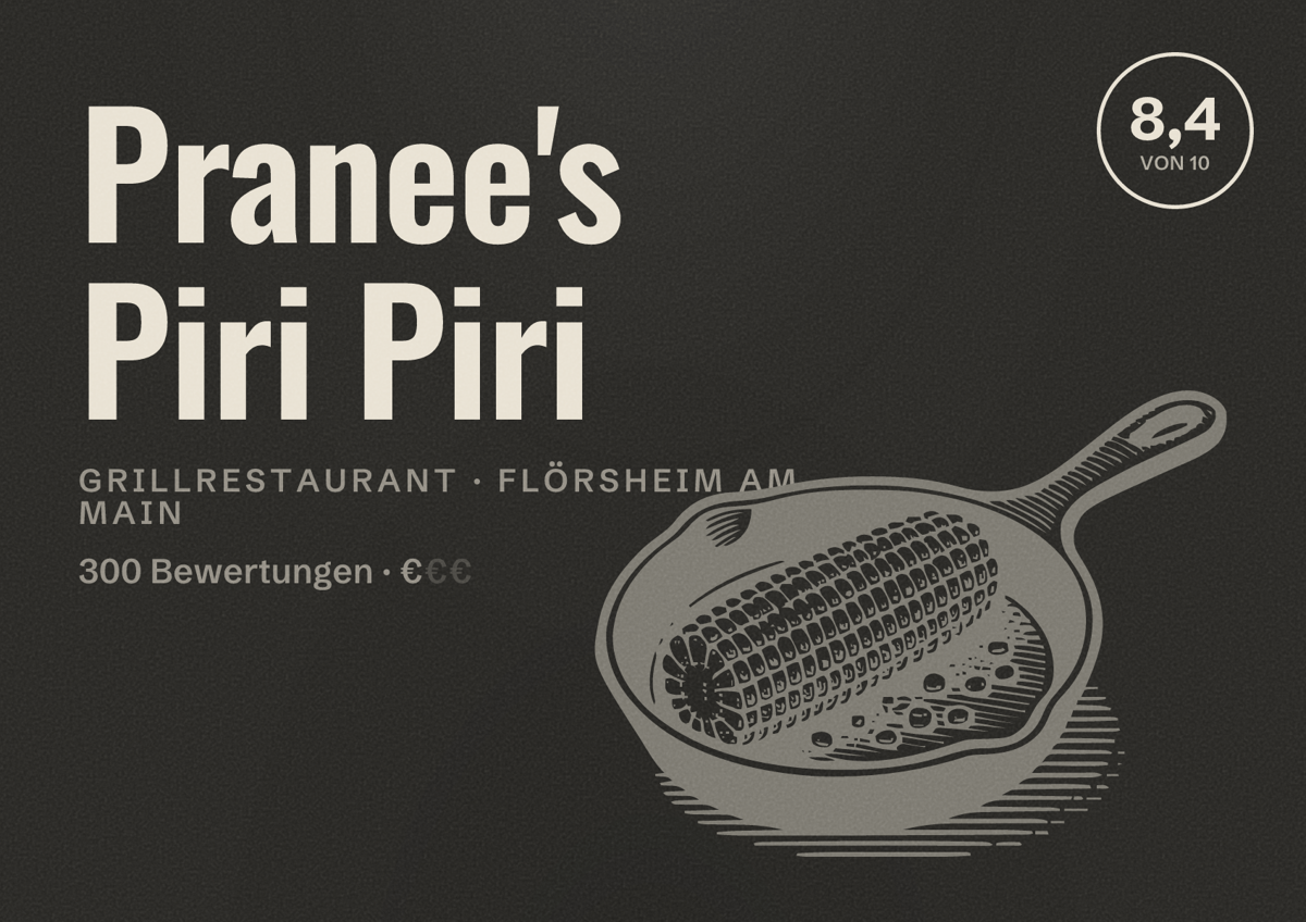 Illustriertes Poster von Pranee's Piri Piri, Grillrestaurant in Flörsheim am Main: Bewertung 8,4 von 10 aus 300 Bewertungen, Preisniveau €