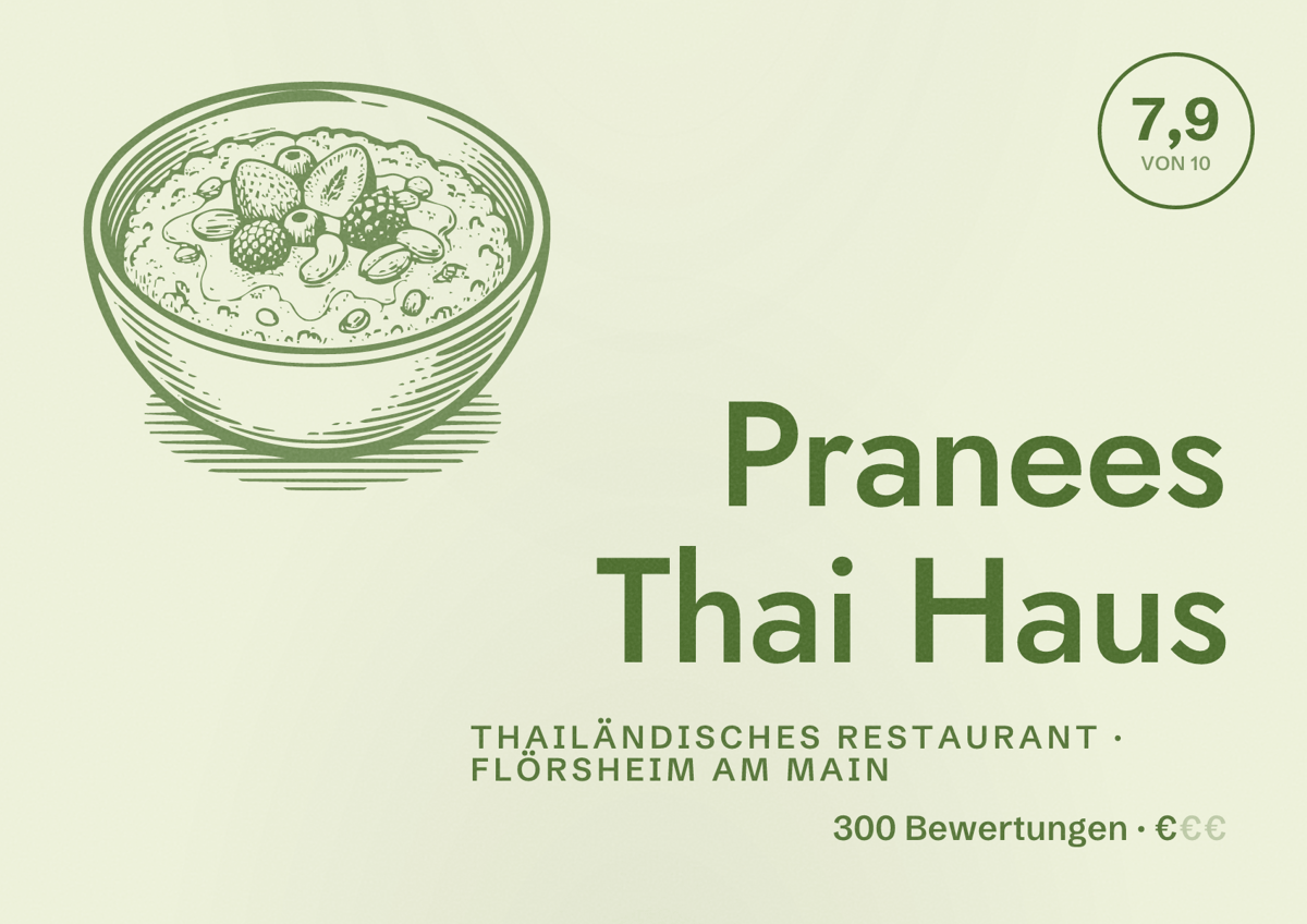Illustriertes Poster von Pranees Thai Haus, Thailändisches Restaurant in Flörsheim am Main: Bewertung 7,9 von 10 aus 300 Bewertungen, Preisniveau €