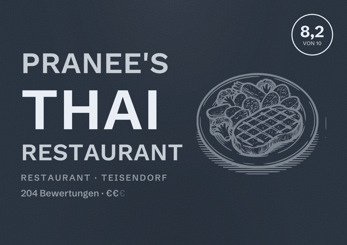 Illustriertes Poster von Pranee's Thai Restaurant, Restaurant in Teisendorf: Bewertung 8,2 von 10 aus 204 Bewertungen, Preisniveau €€