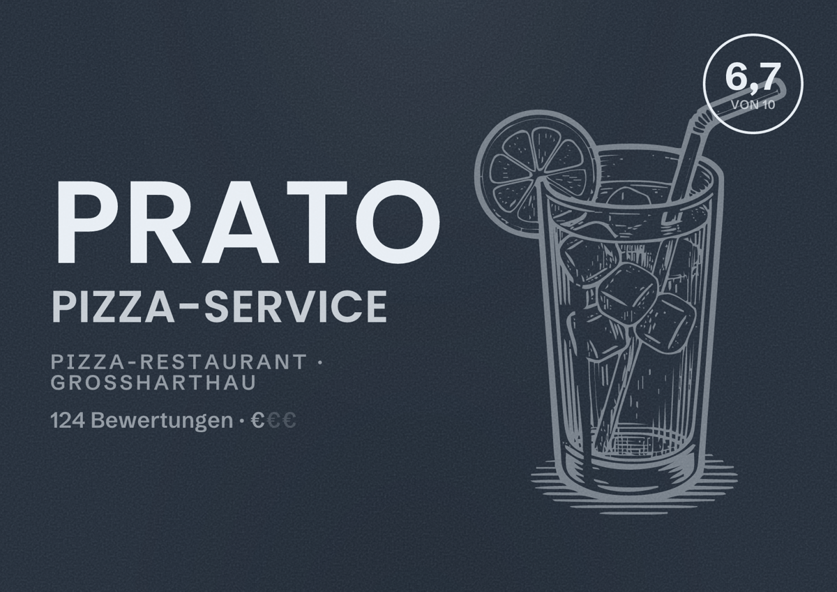 Illustriertes Poster von Prato Pizza-Service, Pizza-Restaurant in Großharthau: Bewertung 6,7 von 10 aus 124 Bewertungen, Preisniveau €