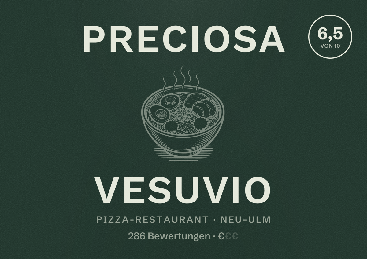 Illustriertes Poster von Preciosa Vesuvio, Pizza-Restaurant in Neu-Ulm: Bewertung 6,5 von 10 aus 286 Bewertungen, Preisniveau €