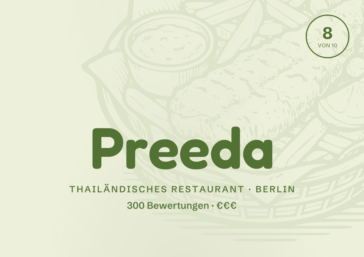Illustriertes Poster von Preeda, Thailändisches Restaurant in Berlin: Bewertung 8,0 von 10 aus 300 Bewertungen, Preisniveau €€€