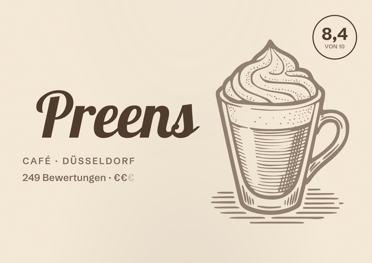 Illustriertes Poster von Preens, Café in Düsseldorf: Bewertung 8,4 von 10 aus 249 Bewertungen, Preisniveau €€