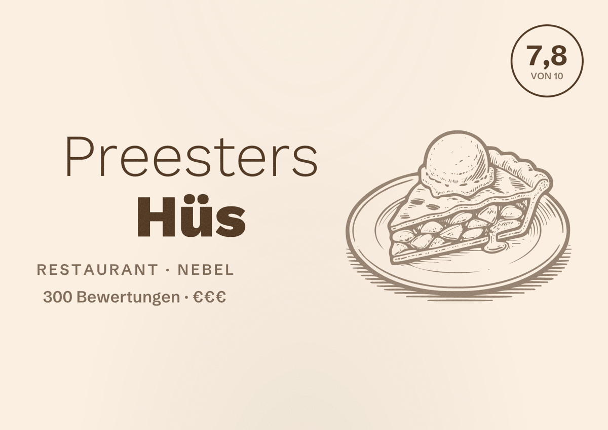 Illustriertes Poster von Preesters Hüs, Restaurant in Nebel: Bewertung 7,8 von 10 aus 300 Bewertungen, Preisniveau €€€