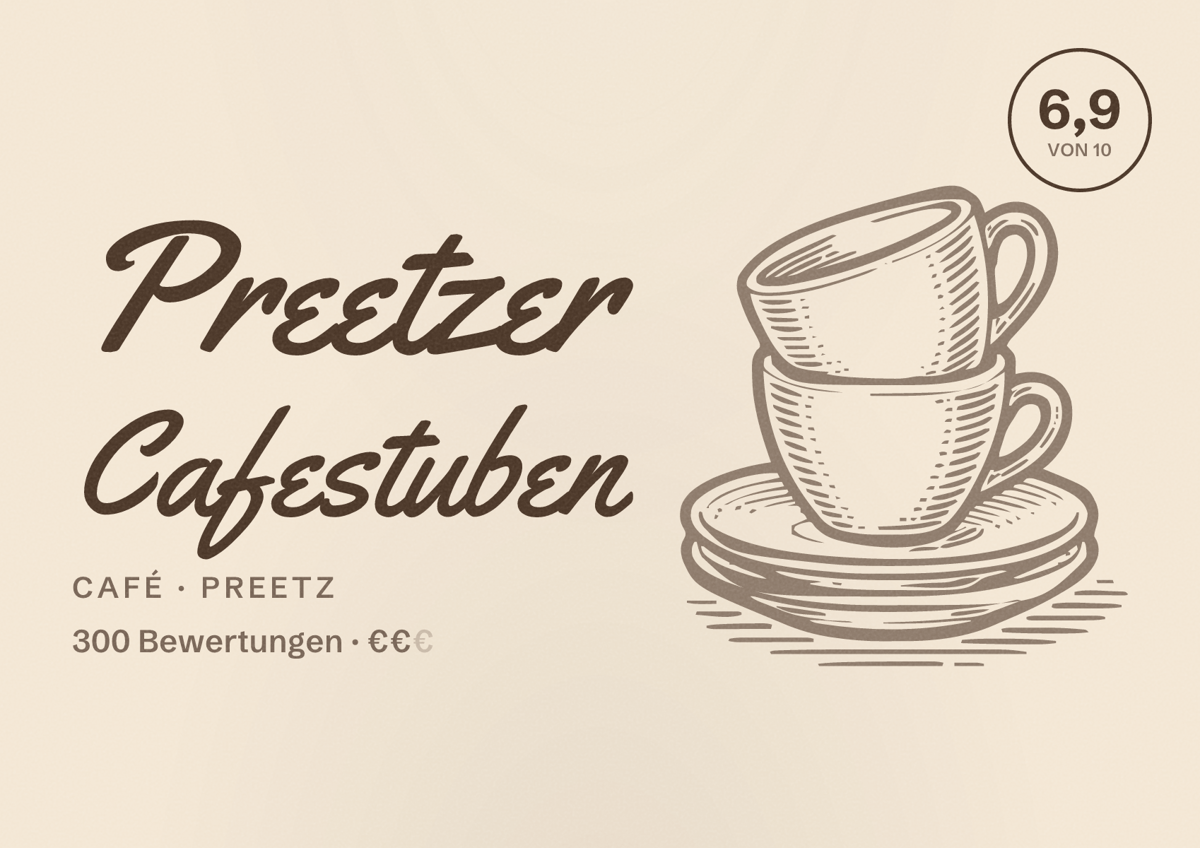Illustriertes Poster von Preetzer Cafestuben, Café in Preetz: Bewertung 6,9 von 10 aus 300 Bewertungen, Preisniveau €€