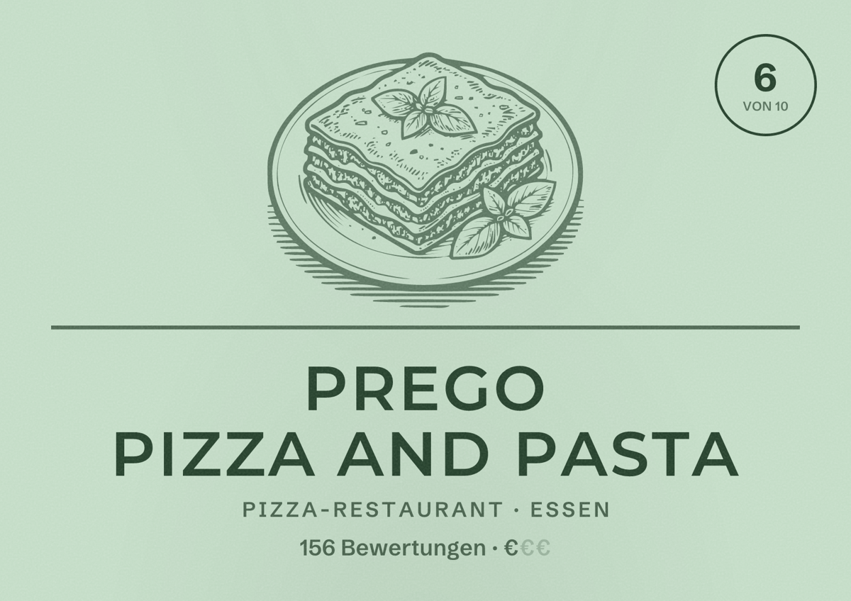 Illustriertes Poster von Prego Pizza and Pasta, Pizza-Restaurant in Essen: Bewertung 6 von 10 aus 156 Bewertungen, Preisniveau €