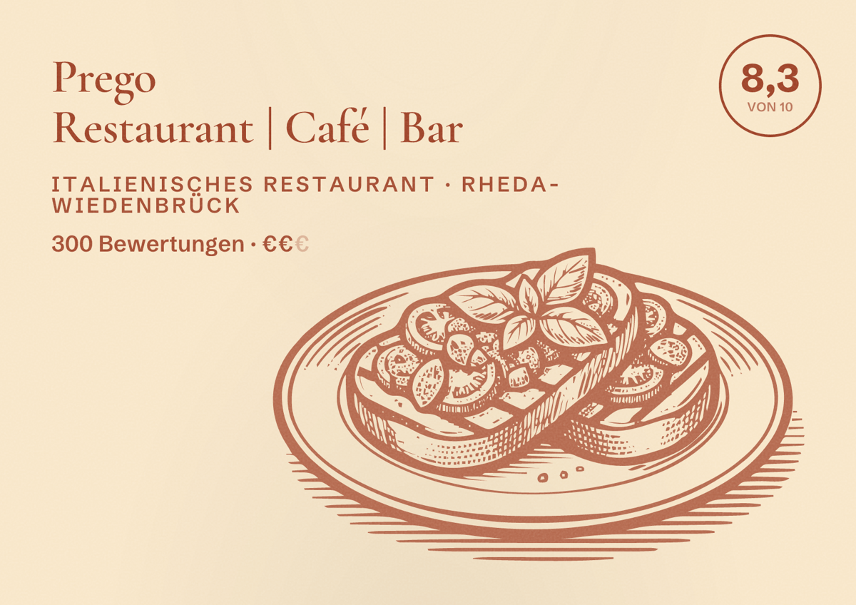 Illustriertes Poster von Prego Restaurant | Café | Bar, Italienisches Restaurant in Rheda-Wiedenbrück: Bewertung 8,3 von 10 aus 300 Bewertungen, Preisniveau €€