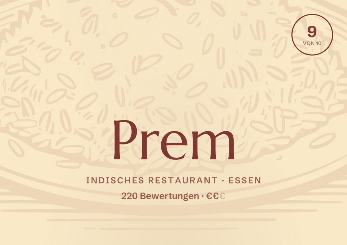 Illustriertes Poster von Prem, Indisches Restaurant in Essen: Bewertung 9 von 10 aus 220 Bewertungen, Preisniveau €€