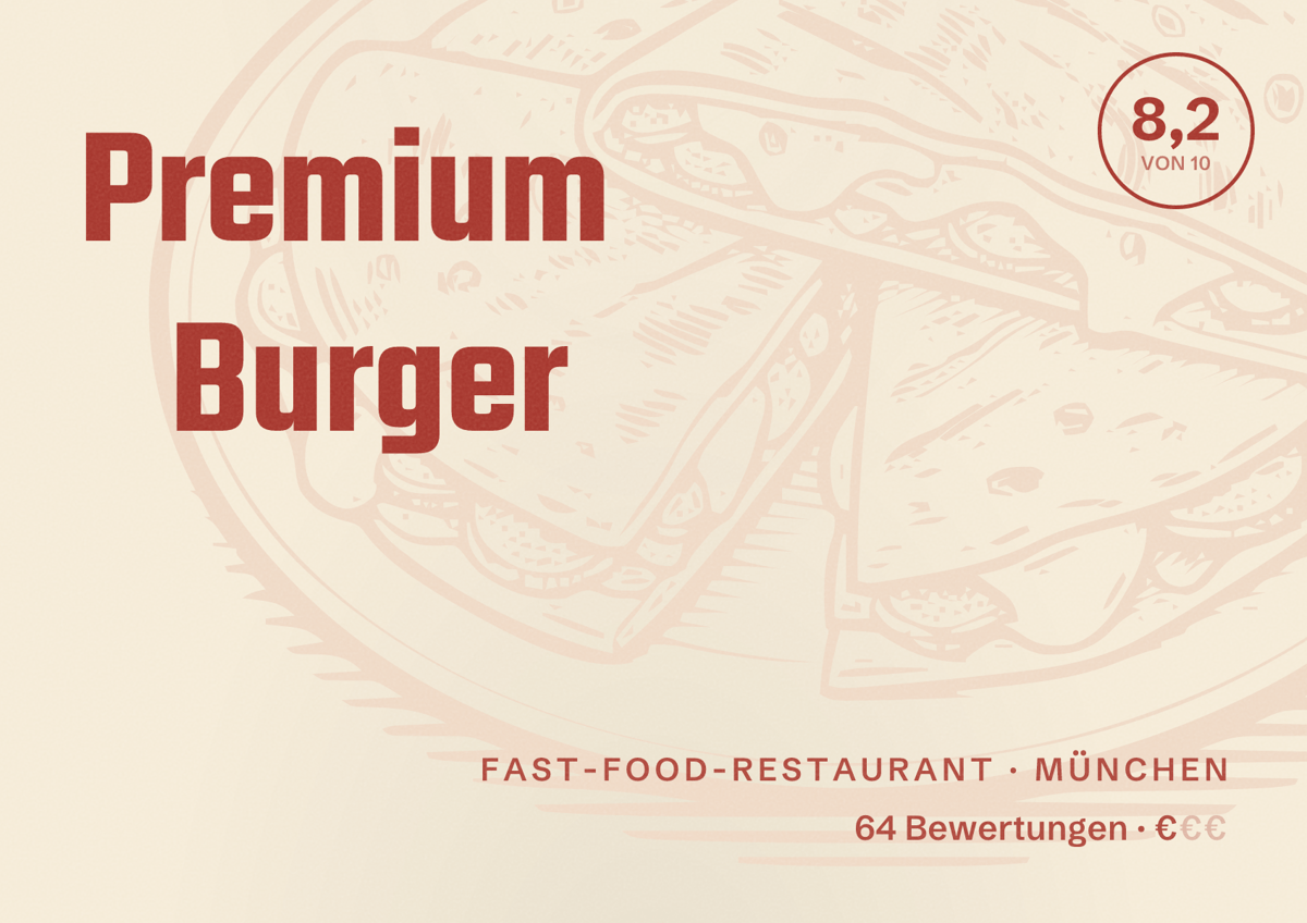 Illustriertes Poster von Premium Burger, Fast-Food-Restaurant in München: Bewertung 8,2 von 10 aus 64 Bewertungen, Preisniveau €
